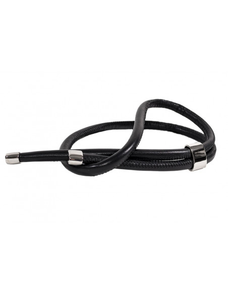 Regulowany skórzany naszyjnik z czarnego rzemienia z błyszczącą przekładką ze stali szlachetnej