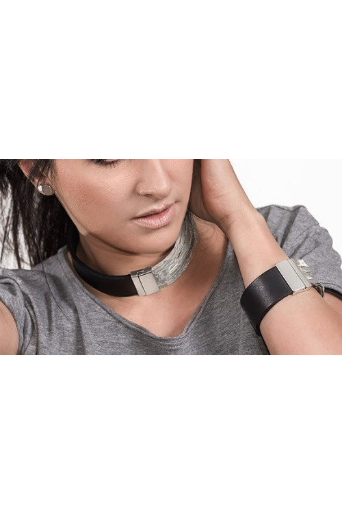 Choker damski z naturalnej skóry i siatki stalowej z zapięciem magnetycznym