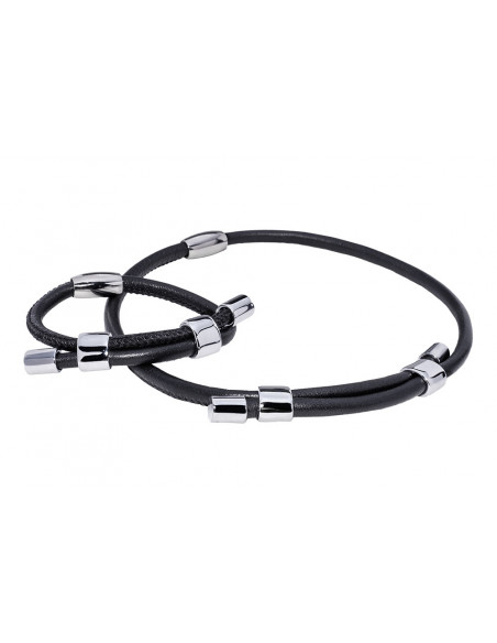 Skórzany komplet – choker i bransoleta z błyszczącymi elementami ze stali szlachetnej