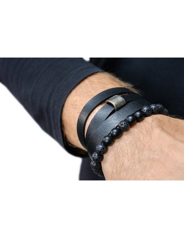 Czarna męska bransoleta skórzana z matowym elementem stalowym i zegarkowym zapięciem
