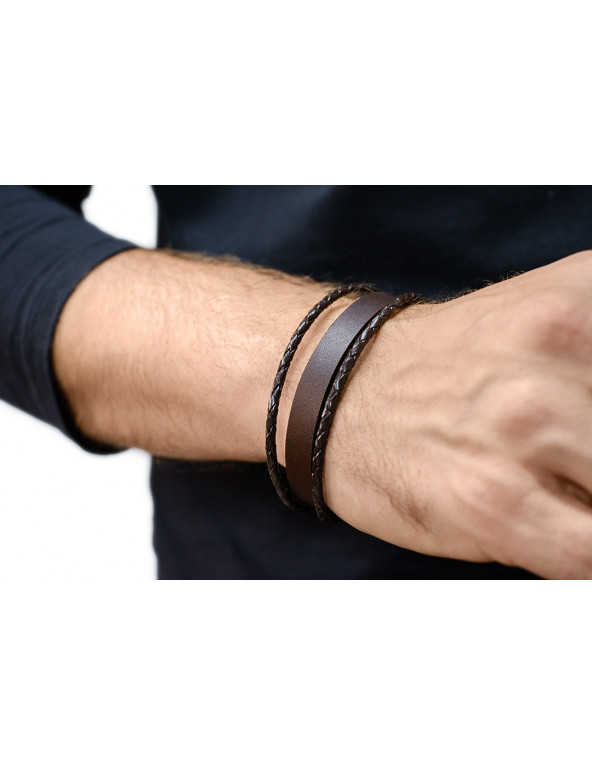 Męska brązowa bransoleta ze skóry naturalnej ze stalowym zapięciem