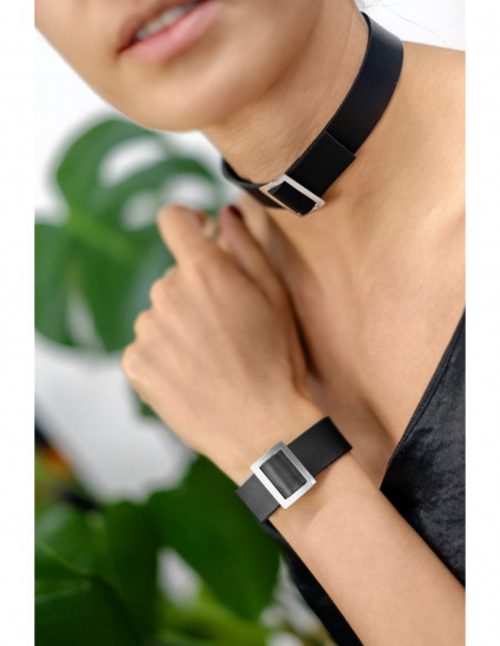 Komplet ze skóry i srebra pr. 925: regulowana bransoleta i pierścionek