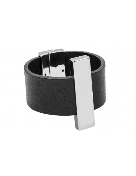 Czarna bransoleta ze skóry naturalnej z błyszczącym stalowym elementem i stalowym magnetycznym zapięciem