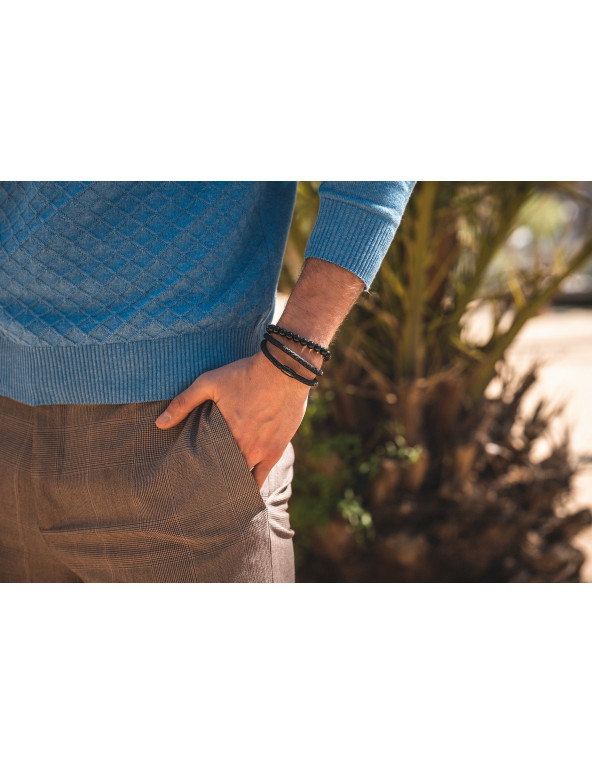 Męska bransoleta z czarnego plecionego rzemienia skórzanego z czarnym magnetycznym zapięciem