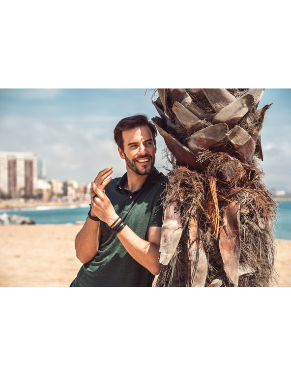 Komplet trzech męskich bransoletek z czarnej naturalnej skóry i kamieni lawa