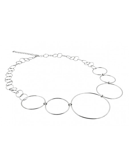 Długi naszyjnik Koło ze stali szlachetnej w kolorze srebrnym z elementami o różnej średnicy.