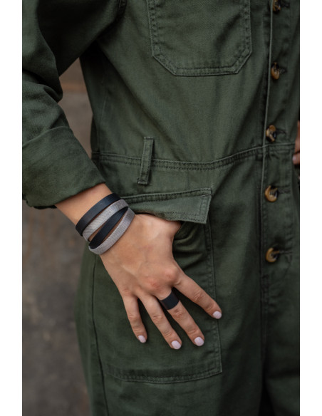 Bransoleta z czarnej skóry i stalowej siatki z zegarkowym zapięciem