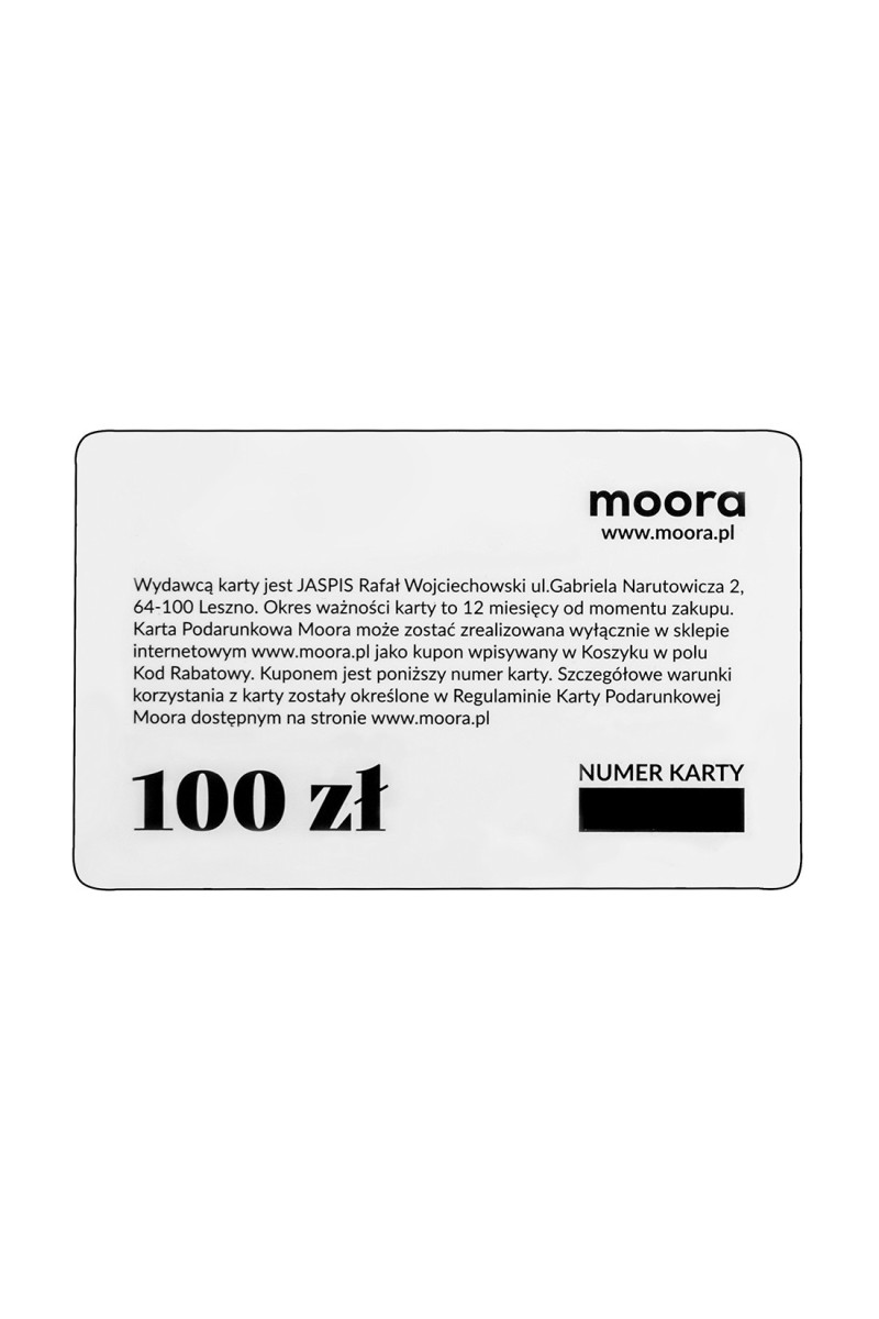 Karta podarunkowa Moora w eleganckim opakowaniu z nominałami 100, 200 i 500 zł.