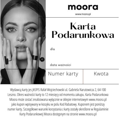 Cyfrowa karta podarunkowa Moora wysyłana e-mailem – elegancki prezent dostępny w różnych nominałach.