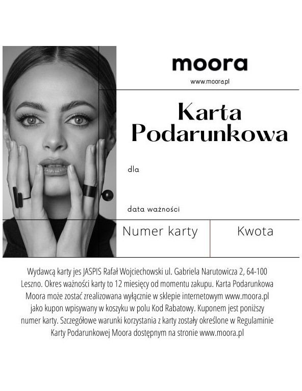 Cyfrowa karta podarunkowa Moora wysyłana e-mailem – elegancki prezent dostępny w różnych nominałach.
