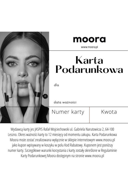 Cyfrowa karta podarunkowa Moora wysyłana e-mailem – elegancki prezent dostępny w różnych nominałach.