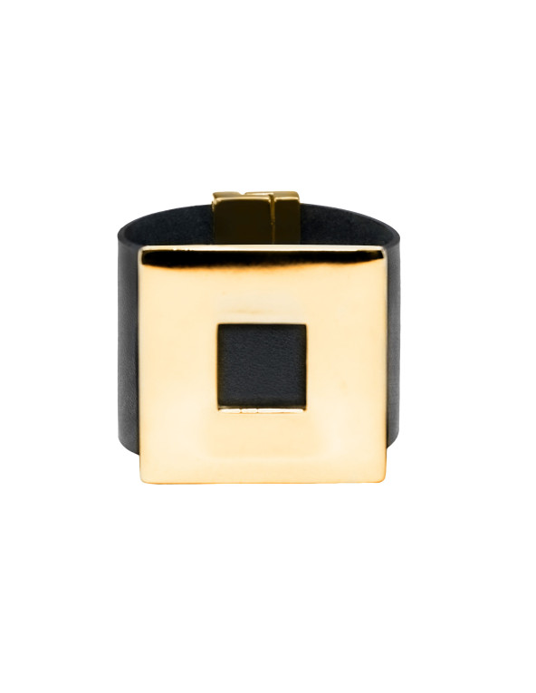 Wide leather bracelet gold square