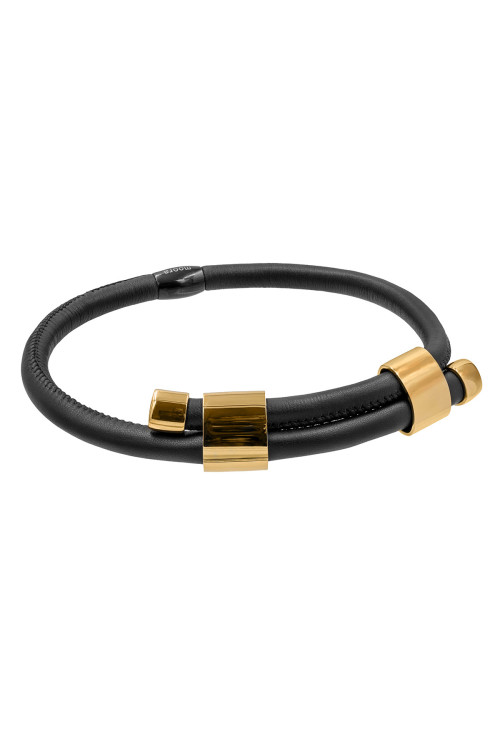 Regulowany naszyjnik typu choker z czarnej skóry i błyszczącej złotej stali szlachetnej.