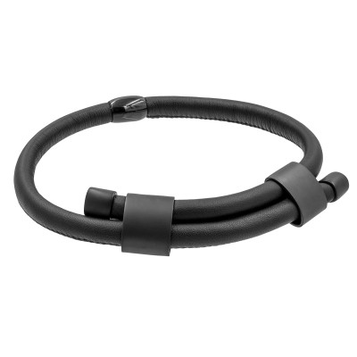 Regulowany naszyjnik typu choker z czarnej skóry i czarnej matowej stali szlachetnej.