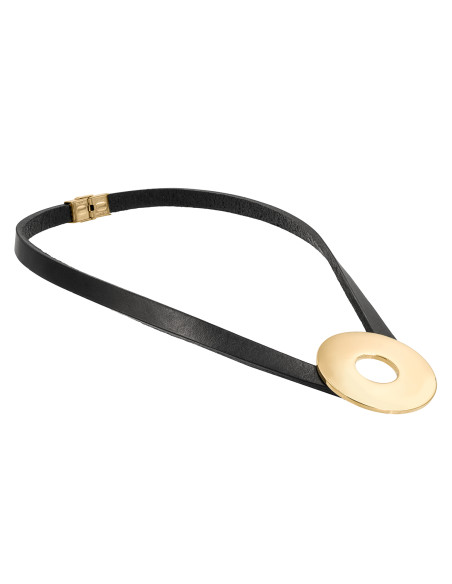 Naszyjnik ze skóry naturalnej z dużym błyszczącym kołem ze stali szlachetnej.