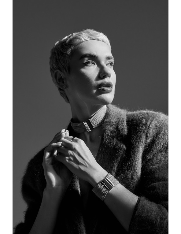 Srebrny choker ze stali szlachetnej i jubilerskiej siatki stalowej z magnetycznym zapięciem