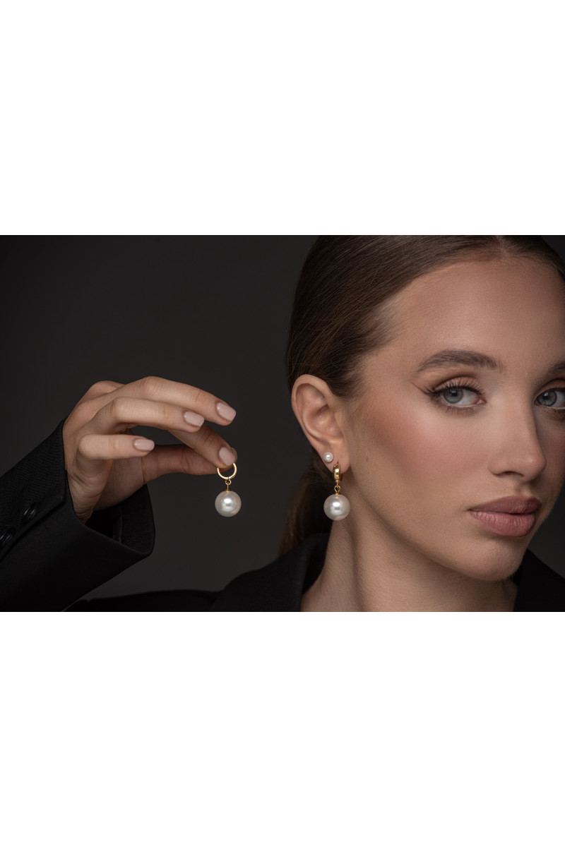 Kolczyki pozłacane kółka z dużą perłą typu shell 16 mm ze srebra pozłacanego 24K