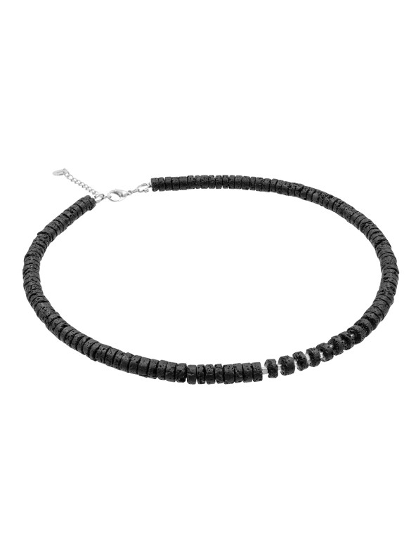 Naszyjnik męski z lawy wulkanicznej ze srebrnym elementem z zapięciem na karabińczyk