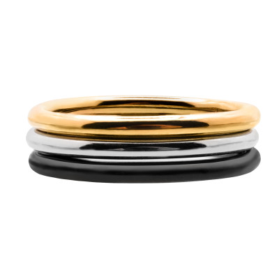 Zestaw trzech minimalistycznych obrączek 3w1 ze stali szlachetnej w kolorze złotym, srebrnym i czarnym matowym